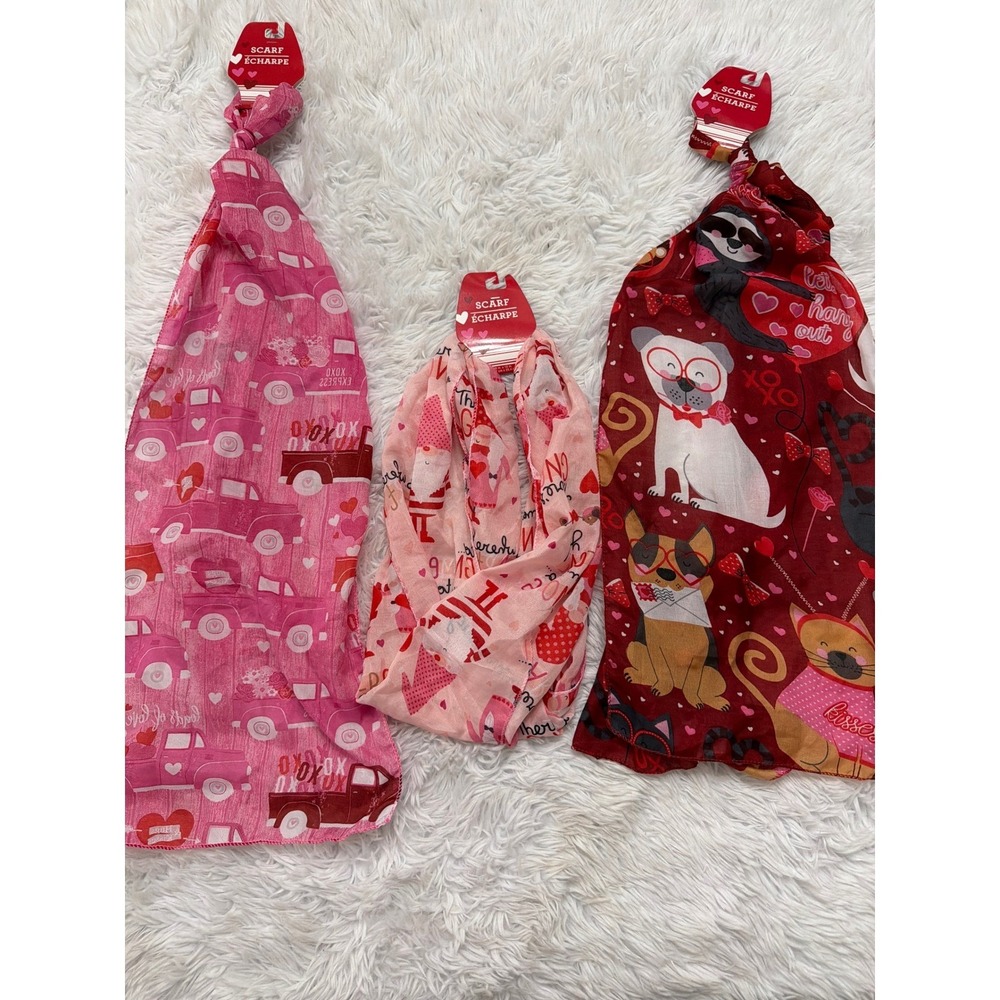 Valentine's Day Scarf Bundle Gnomes Animals Vintage Trucks Pink Red Set of 3 NEW